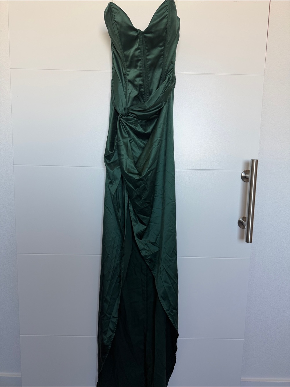 Fashion Nova Strapless Dark Emerald Green Draped Evening Gown